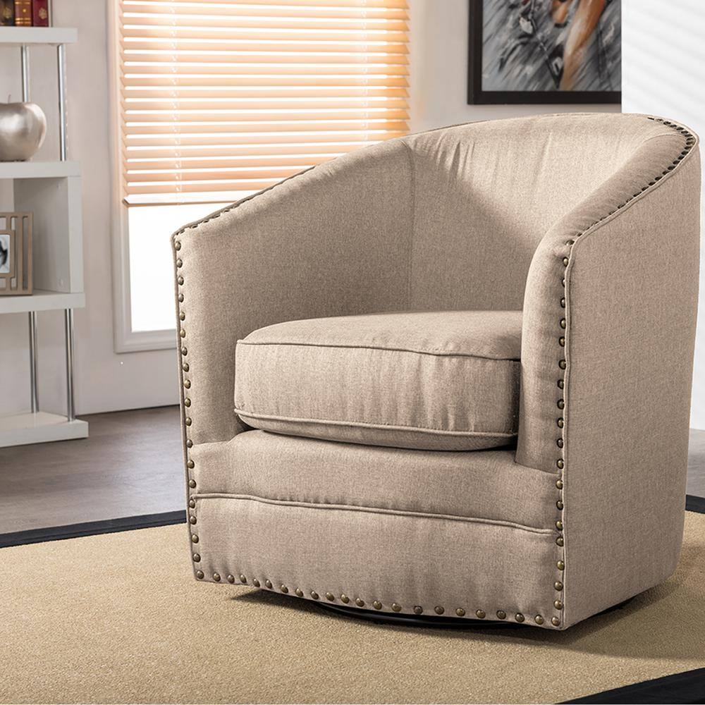 Classic Retro Beige Swivel Barrel Accent Chair with Nailhead Detail