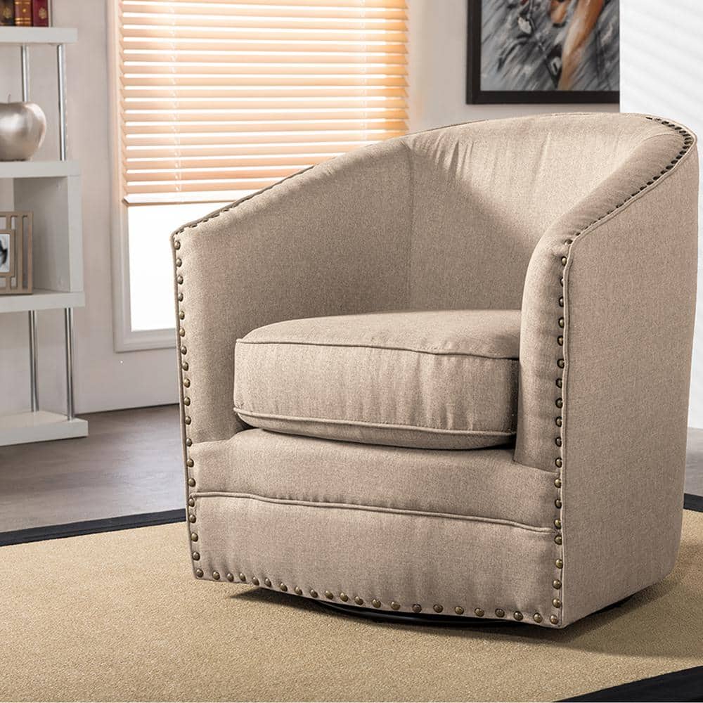 Classic Retro Beige Swivel Barrel Accent Chair with Nailhead Detail