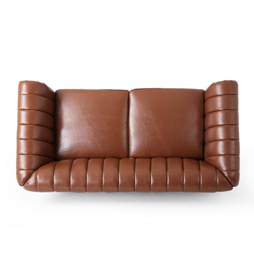 Cognac Brown Faux Leather Loveseat with Espresso Wood Accents