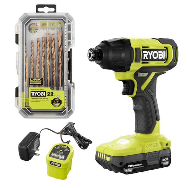 ONE+ 18V Cordless 1/4 in. Impact Driver Kit with 1.5 Ah Battery, Charger, and Titanium Drill Bit Set (22-Piece)