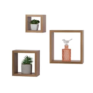 Set of 3 Functional and Decorative Square Cubbi Floating Wall Shelves, 5 in., 7 in., 9 in., Brown