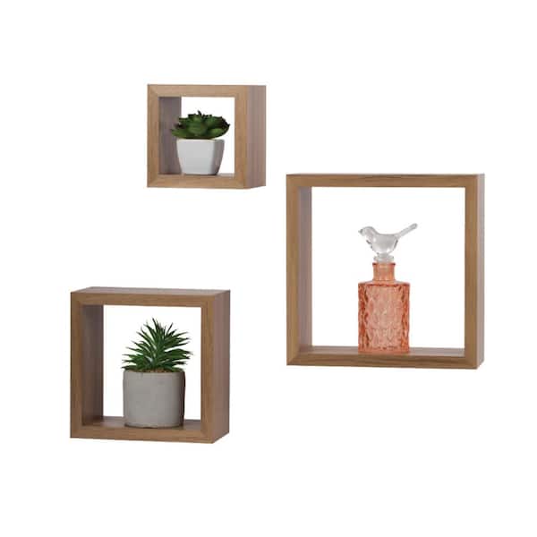 Kiera Grace Set of 3 Functional and Decorative Square Cubbi Floating Wall Shelves, 5 in., 7 in., 9 in., Brown