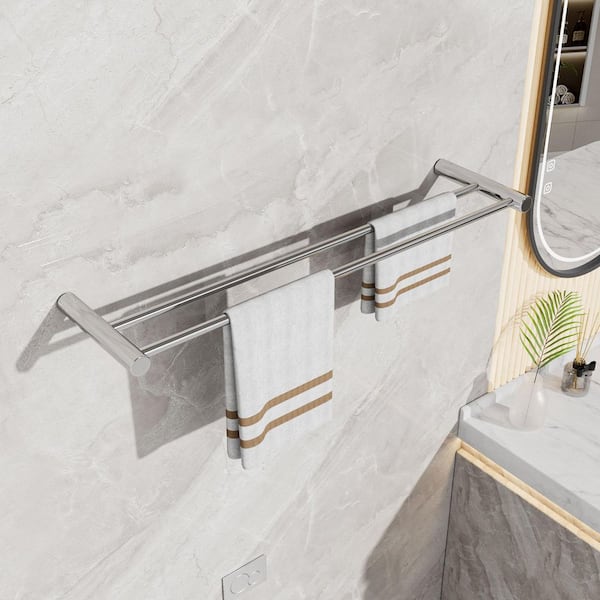 2-Piece Set 23.62-inch Premium Wall Mounted Bathroom Stainless Steel Bathroom Accessories Double Towel Bar in Silver