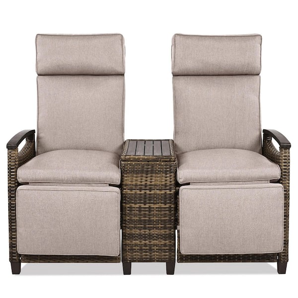 Patio Recliner Wicker Chair, Outdoor Loveseat with Brown Cushions, Acacia Wood Armrests, for Balcony, Porch