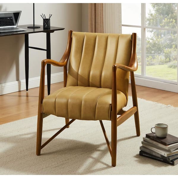 Top Leather Khaki Mid-Century Modern Genuine Leather Accent Arm Chair with Wood Legs