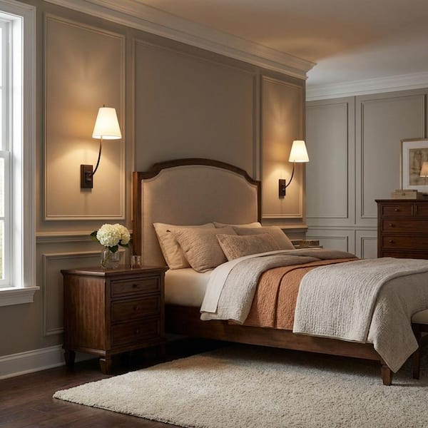 Marina 6 in. W x 17.625 in. H 1-Light Aged Iron Dimmable Traditional Wall Sconce with White Linen Fabric Shade