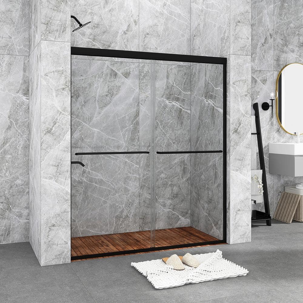 54 in. Matte Black Framed Sliding Shower Door with Clear Glass