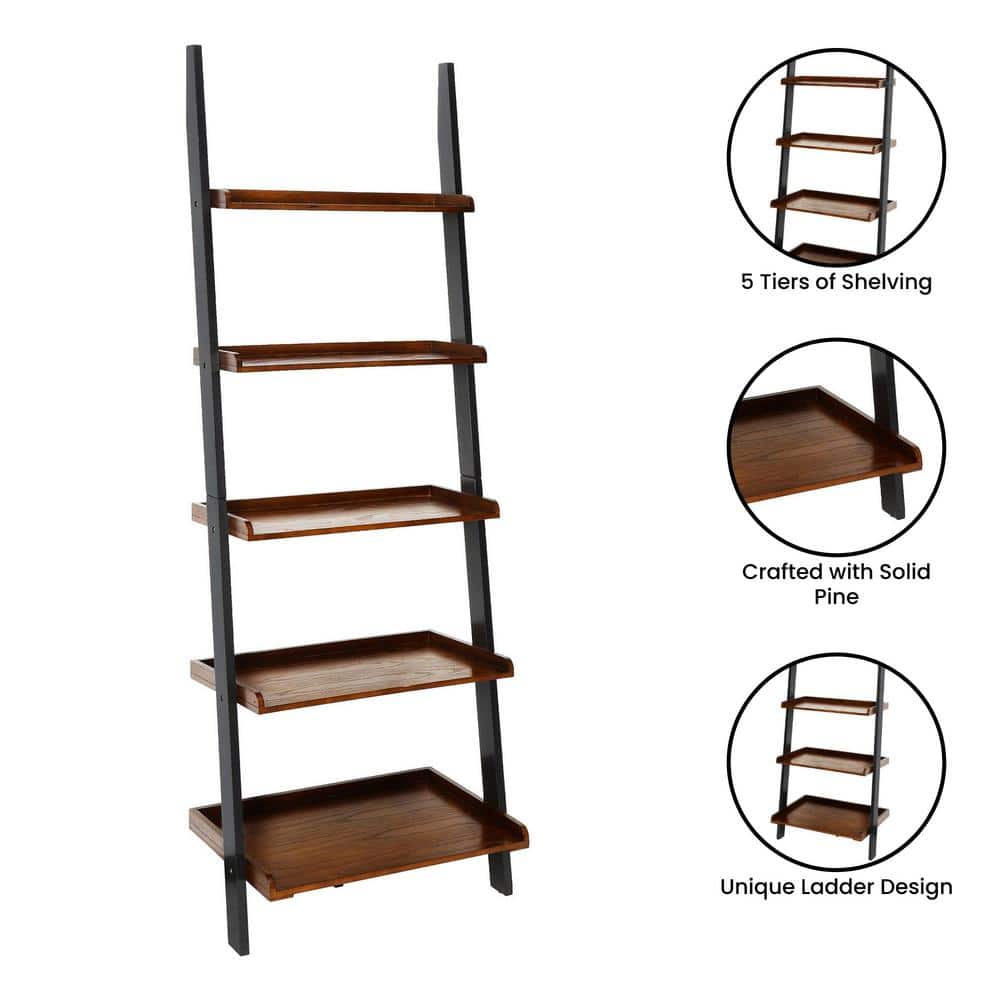 Elegant French Country 5-Shelf Ladder Bookcase in Dark Walnut and Black