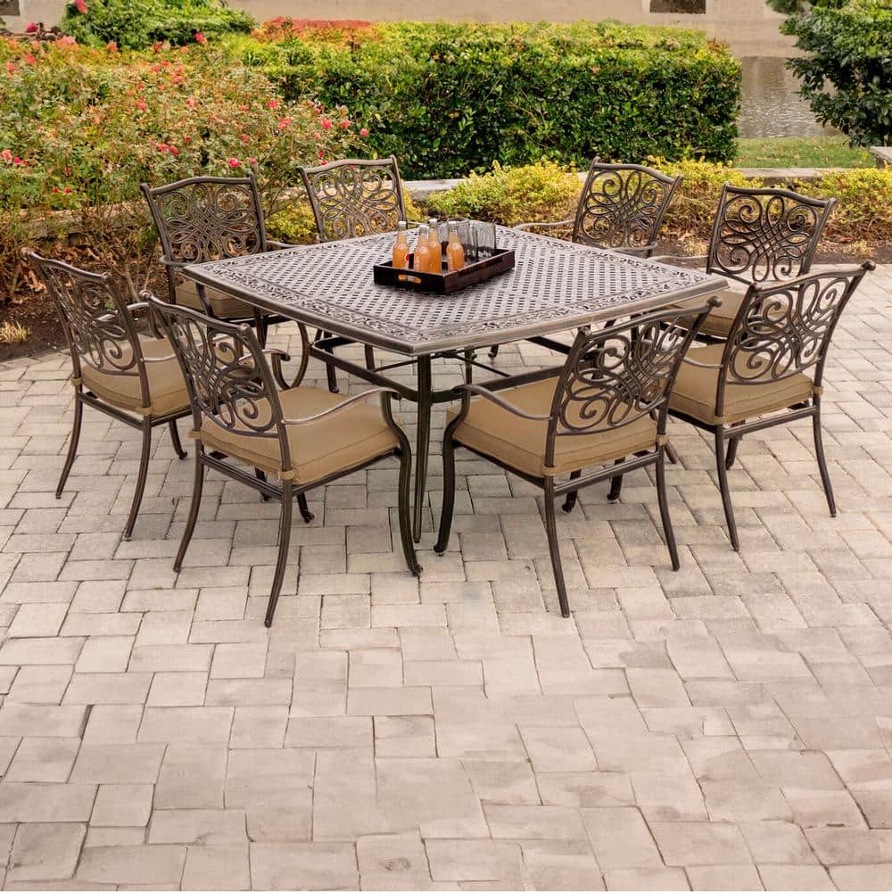 Bronze Aluminum 9-Piece Outdoor Dining Set with Natural Oat Cushions