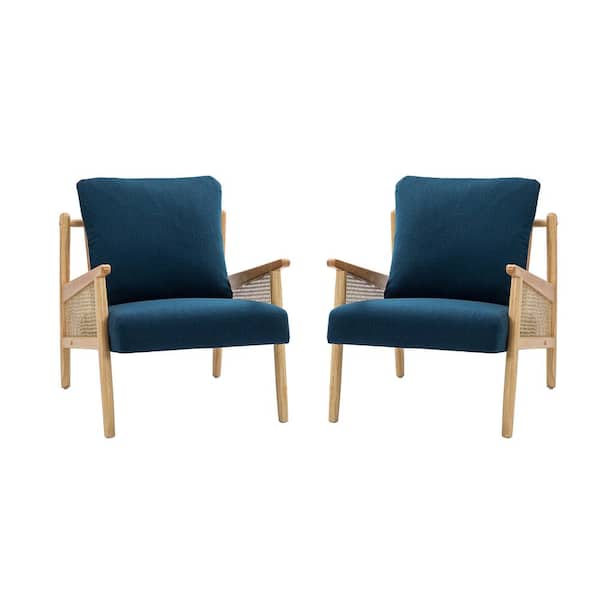 JAYDEN CREATION Kamil Modern Navy Armchair with with Rattan Armrest and Solid Wood Frame for Living Room and Bedroom Set of 2