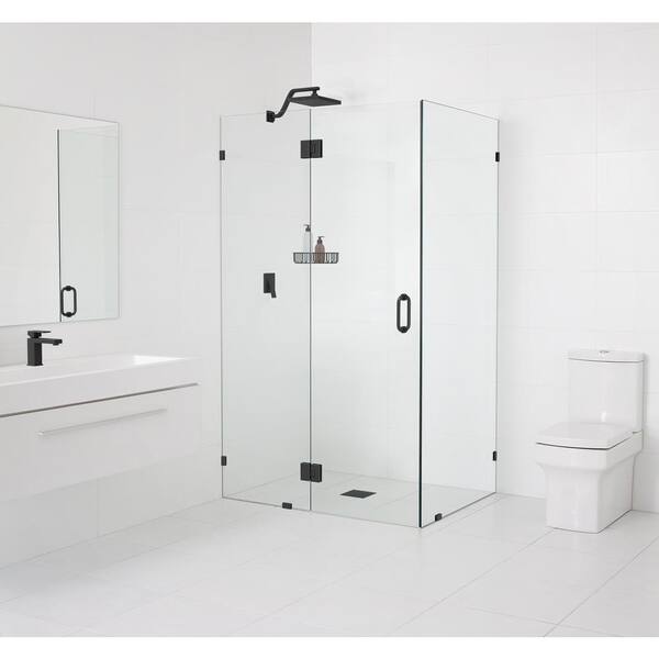 Glass Warehouse 59 in. W x 32 in. D x 78 in. H Pivot Frameless Corner Shower Enclosure in Matte Black Finish with Clear Glass