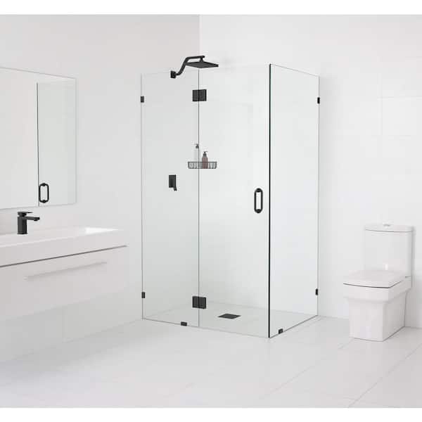 Glass Warehouse 59 in. W x 34 in. D x 78 in. H Pivot Frameless Corner Shower Enclosure in Matte Black Finish with Clear Glass