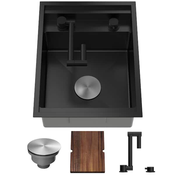 21 in. x 16 in. Undermount Stainless Steel Kitchen Sink with foldable tap in Black