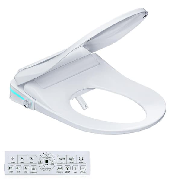 Round Heated Bidet Toilet Seat with Warm Water, Dryer, Wash, Soft Close Lid, Remote Control in White