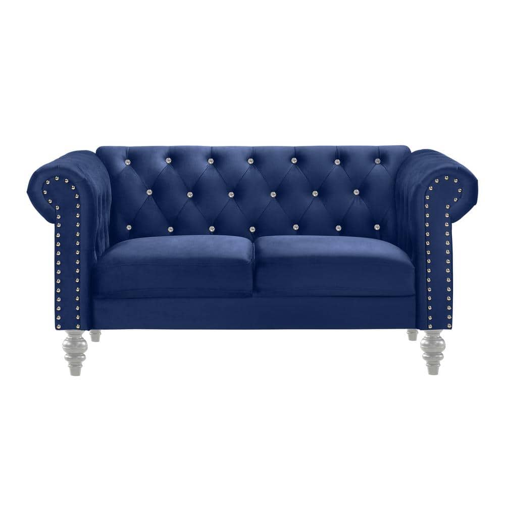 Emma Royal Blue Velvet Loveseat and Sofa Set with Crystal Buttons