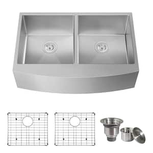 33 in. Farmhouse/Apron-Front Double Bowl (50/50) 16-Gauge Silver Stainless Steel Kitchen Sink with Bottom Grids