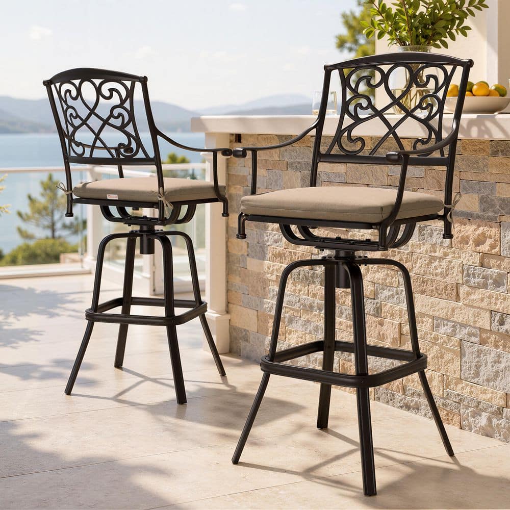 Set of 2 Cast Aluminum Outdoor Bar Stools with Sunbrella Cushion in Beige 360° Swivel Patio Bar Stools High Top Stools price history on PriceWatchPro