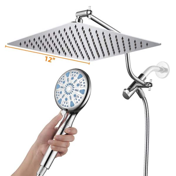Rainfull 9-Spray 12 in. Wall Mount Dual Shower Head and Handheld Shower Head with filter 1.8 GPM in Chrome