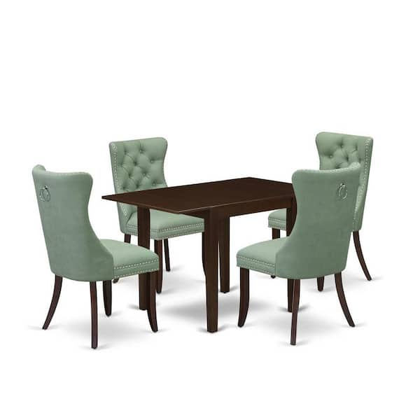East West Furniture 5-Piece Mahogany Finish Solid Wood Top - Rectangular Upholstered Dining Room Set with Dropleaf - Seats 4