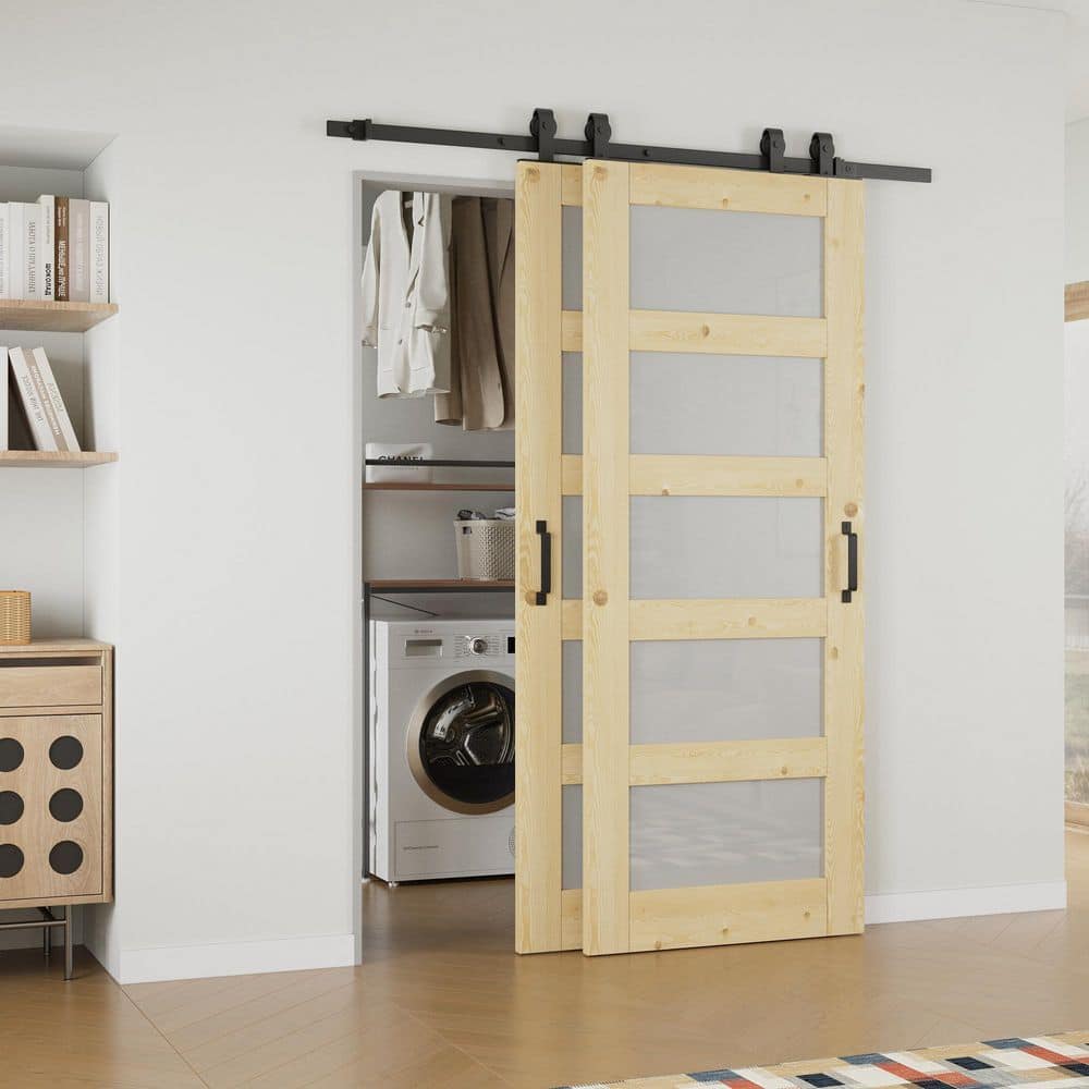 56 in. x 80 in. 3-Lite Frosted Glass Unfinished Solid Core Pine Wood Sliding Barn Door with Hardware Kit Bypass price history on PriceWatchPro