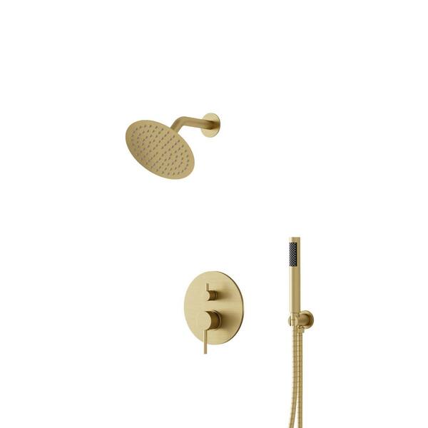 Crozet 2-Spray Wall Mount Round Rain Shower Head and Handheld Shower Faucet 1.8 GPM in Brushed Gold (Valve Included)