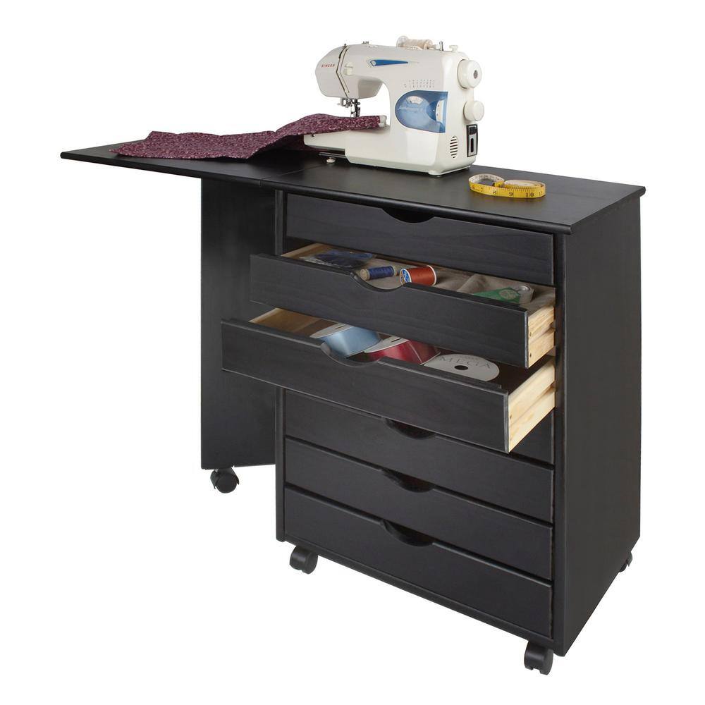 Black Solid Wood 7-Drawer Drop Leaf Roll Cart Desk