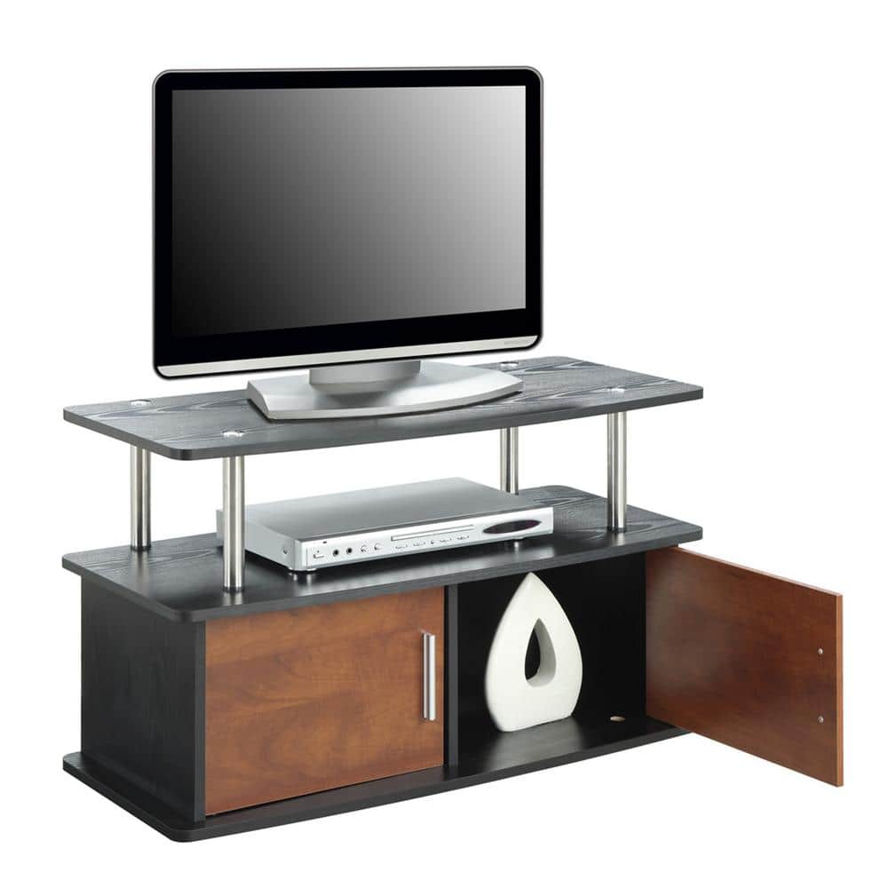 Cherry Wood 35.5'' TV Stand with Stainless Steel Accents and Cabinet Storage