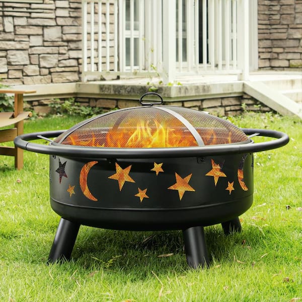 32 Inch Round Fire Pit with Mesh Cover, Fire Poker, Star and Moon Design, Metal Wood Burning Outdoor Firepit for Patio,