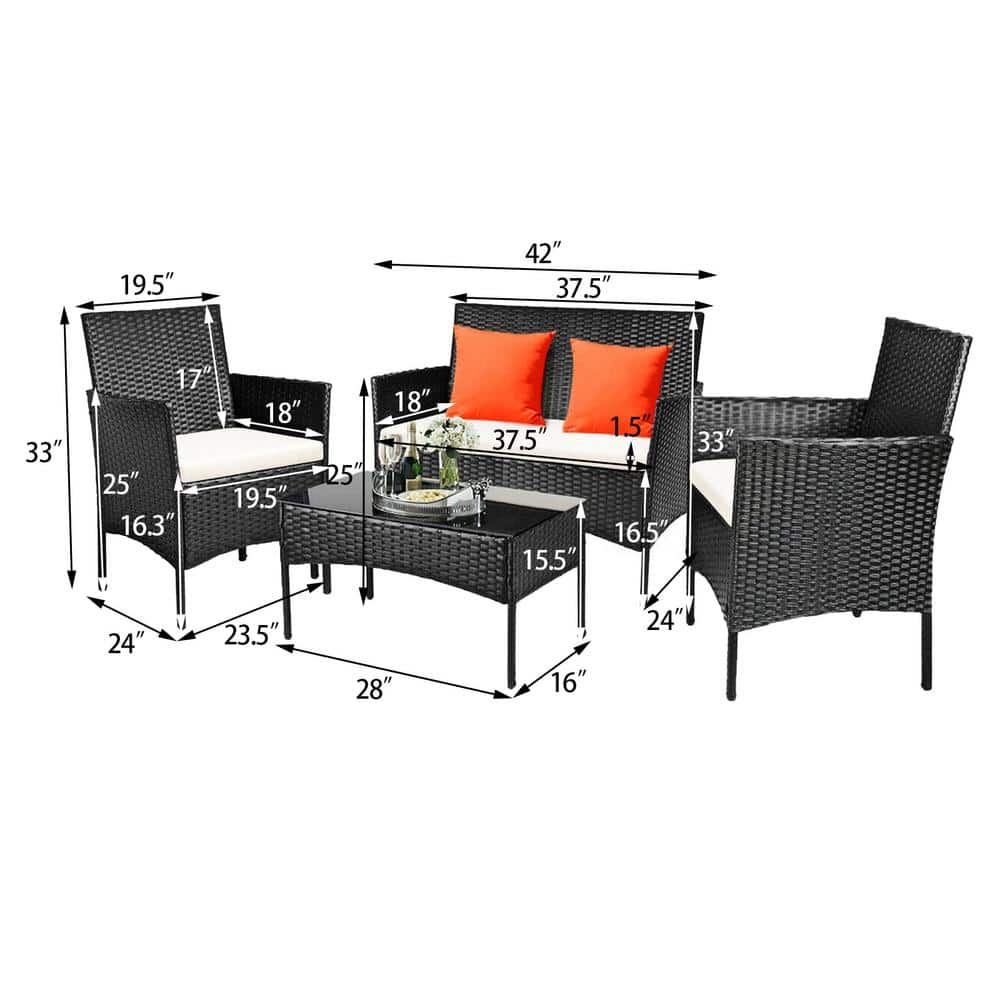 Modern Black Wicker 4-Piece Patio Set with White Cushions