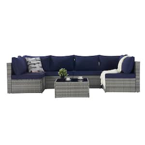 7-Piece Wicker Outdoor Sofa Sectional Set with Blue Cushions