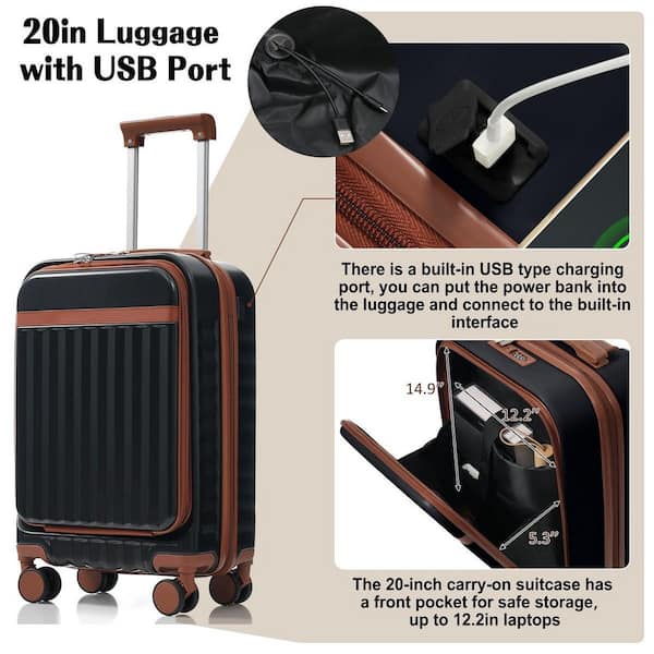 LIVACA 3-Piece Black ABS Plastic Hardside Spinner Luggage Set with