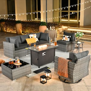 Sanibel Gray 8-Piece Wicker Outdoor Patio Conversation Sofa Sectional Set with a Metal Fire Pit and Black Cushions