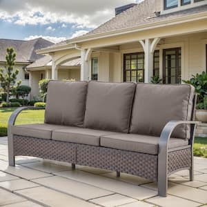 Modern Farmhouse 3-Seat Brown PE Wicker Outdoor Couch with Gray Cushions and Curved Metal Armrest