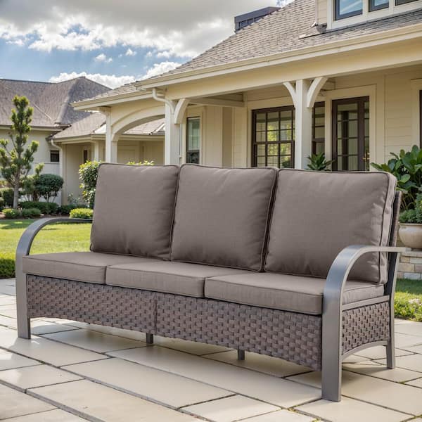 moosprr SteelCurve Modern Farmhouse 3-Seat Brown PE Wicker Outdoor Couch with Gray Cushions and Curved Metal Armrest