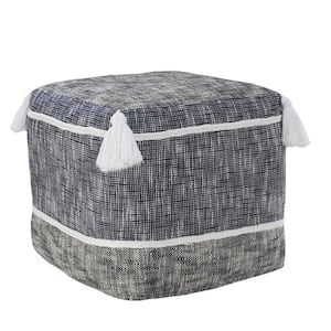 Blue/White Modern Distressed Rope Lined Tasseled Pouf