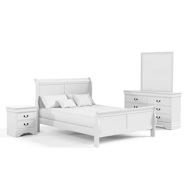 Burkhart 4-Piece White Wood King Bedroom Set with Nightstand and Dresser/Mirror