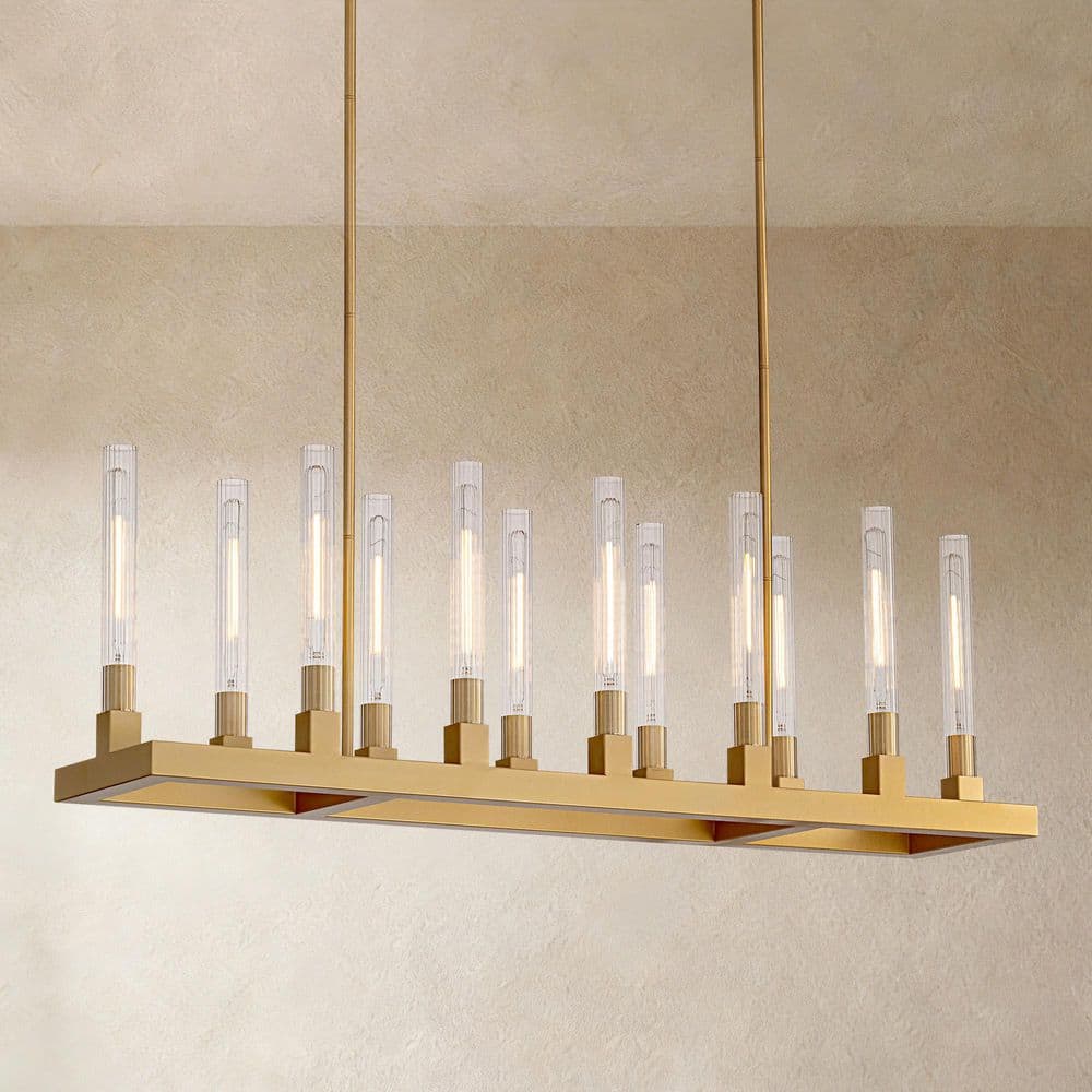 SILJOY 54 in. Gold 12-Light Glass Tube Chandelier-Modern Farmhouse