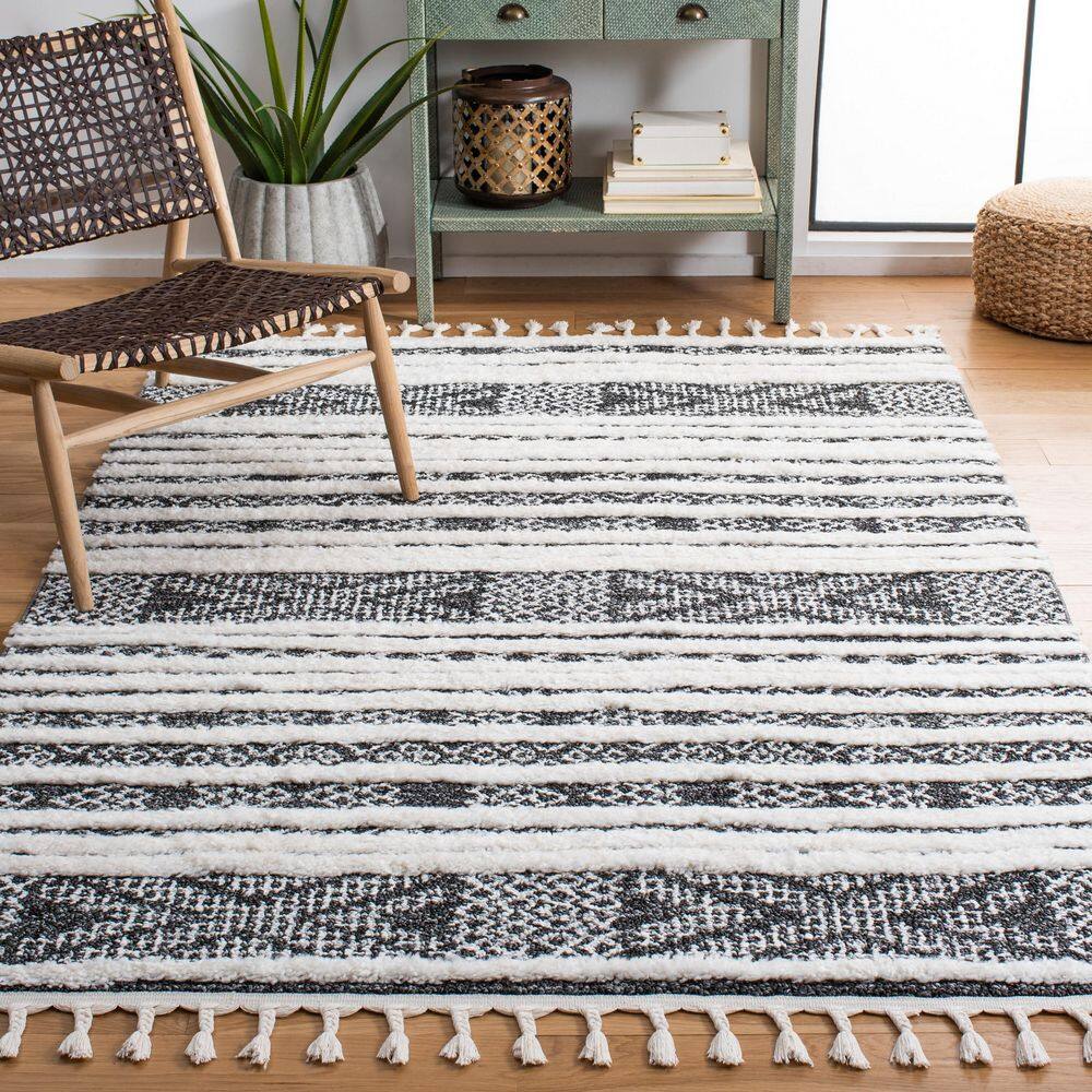 Moroccan Tassel Shag 5 ft. x 8 ft. Black/Ivory Striped High-Low Geometric Area Rug price history on PriceWatchPro