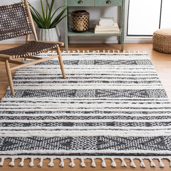 Moroccan Tassel Shag 9 ft. x 12 ft. Black/Ivory Striped High-Low Geometric Area Rug
