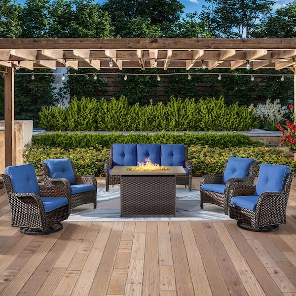 6-Piece Brown Wicker Outdoor Patio Rectangular Fire Pit Conversation Set with Blue Cushions and Swivel Rocker Chairs