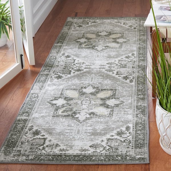 Tuscon Dark Sage/Ivory 3 ft. x 14 ft. Machine Washable Border Distressed Runner Rug