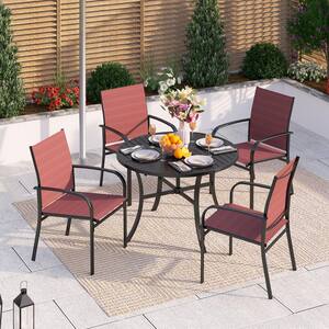 Black 5-Piece Metal Slat Round Table Patio Outdoor Dining Set with Red Textilene Chairs