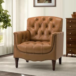 Elijah 32 in. Traditional Camel Button-Tufted Genuine Leather Arm Chair with Solid Wood Legs