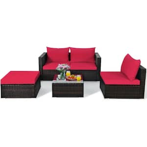 5-Piece Wicker Patio Conversation Set Rattan Sectional Furniture Set with Red Cushions and Coffee Table