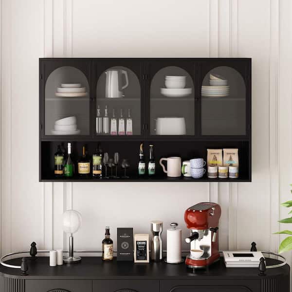 47 in. W x 9 in. D Black Wood Wall Storage Cabinet with Glass Doors, Wall Mounted 3-Tier Cabinet Decorative Wall Shelf