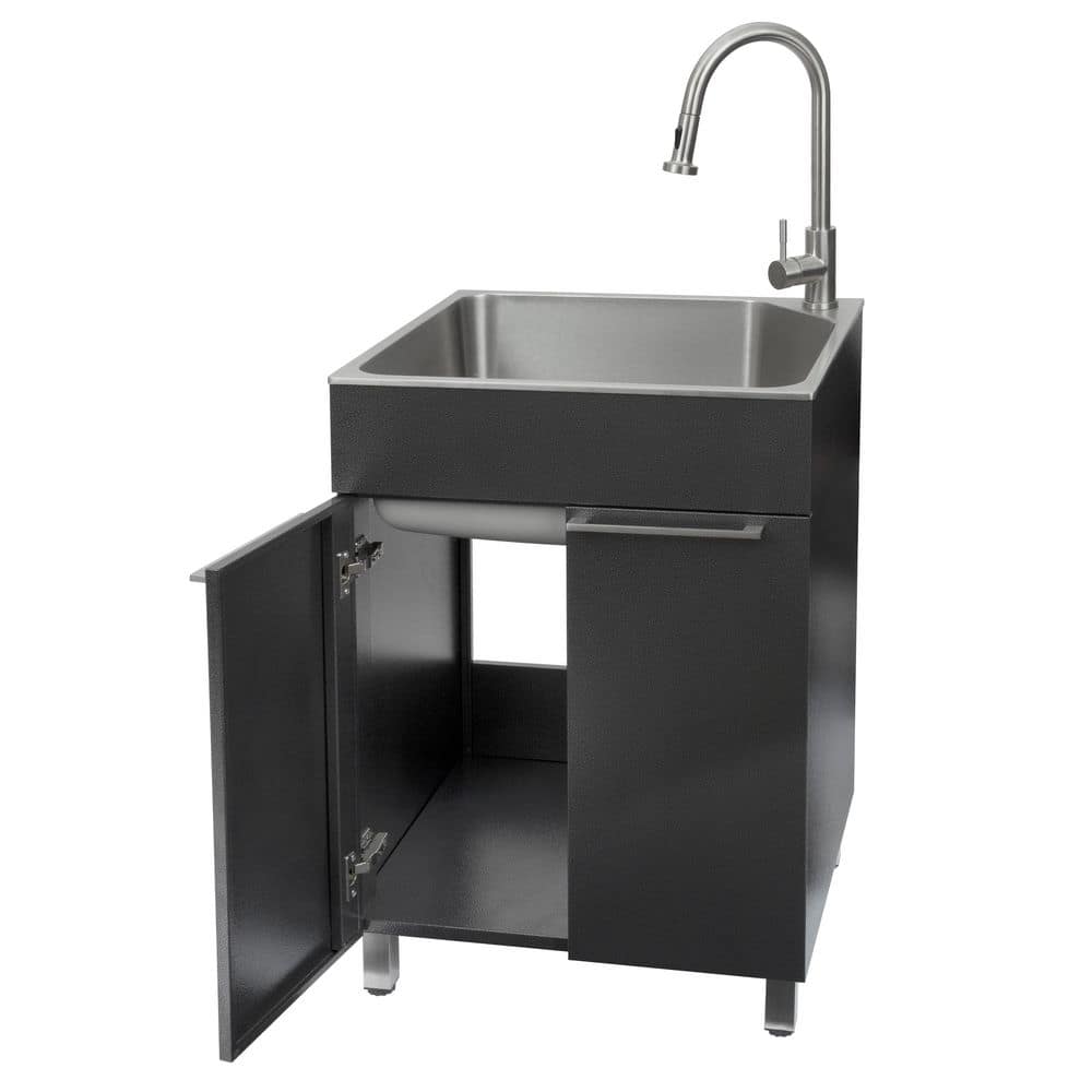 Gray Stainless Steel Drop-In Utility Sink with Faucet and Cabinet