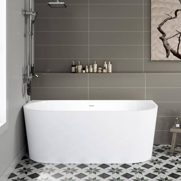 59 in. L x 29.5 in. W Acrylic Freestanding Back-to-Wall Soaking Bathtub in White with Matte Black Drain