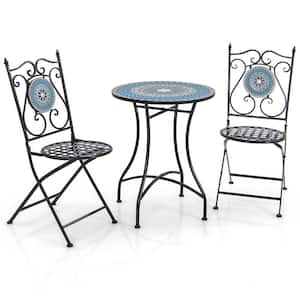 3-Pieces Metal Round Outdoor Bistro Set Mosaic Pattern Heavy-Duty Metal Dining Folding