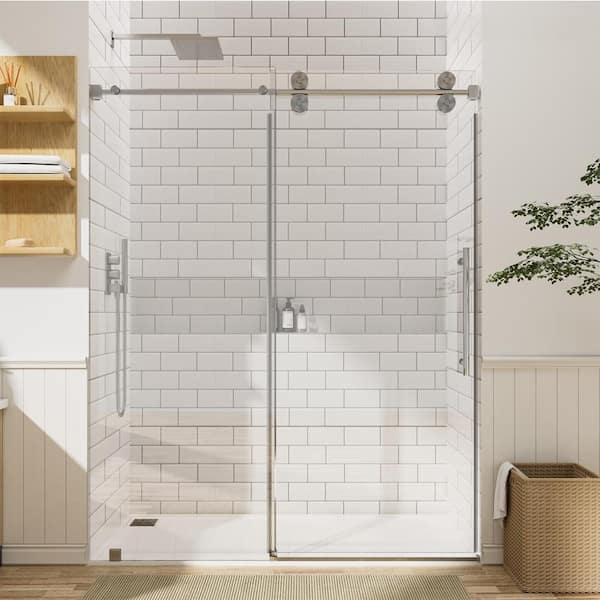 60 in. W x 80 in. H Single Sliding Frameless Shower Door in Grey with 3/8 in. Clear Glass