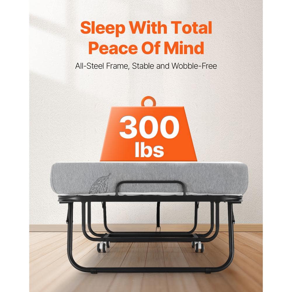 Twin Size Black Metal Rollaway Bed with White Foam Mattress